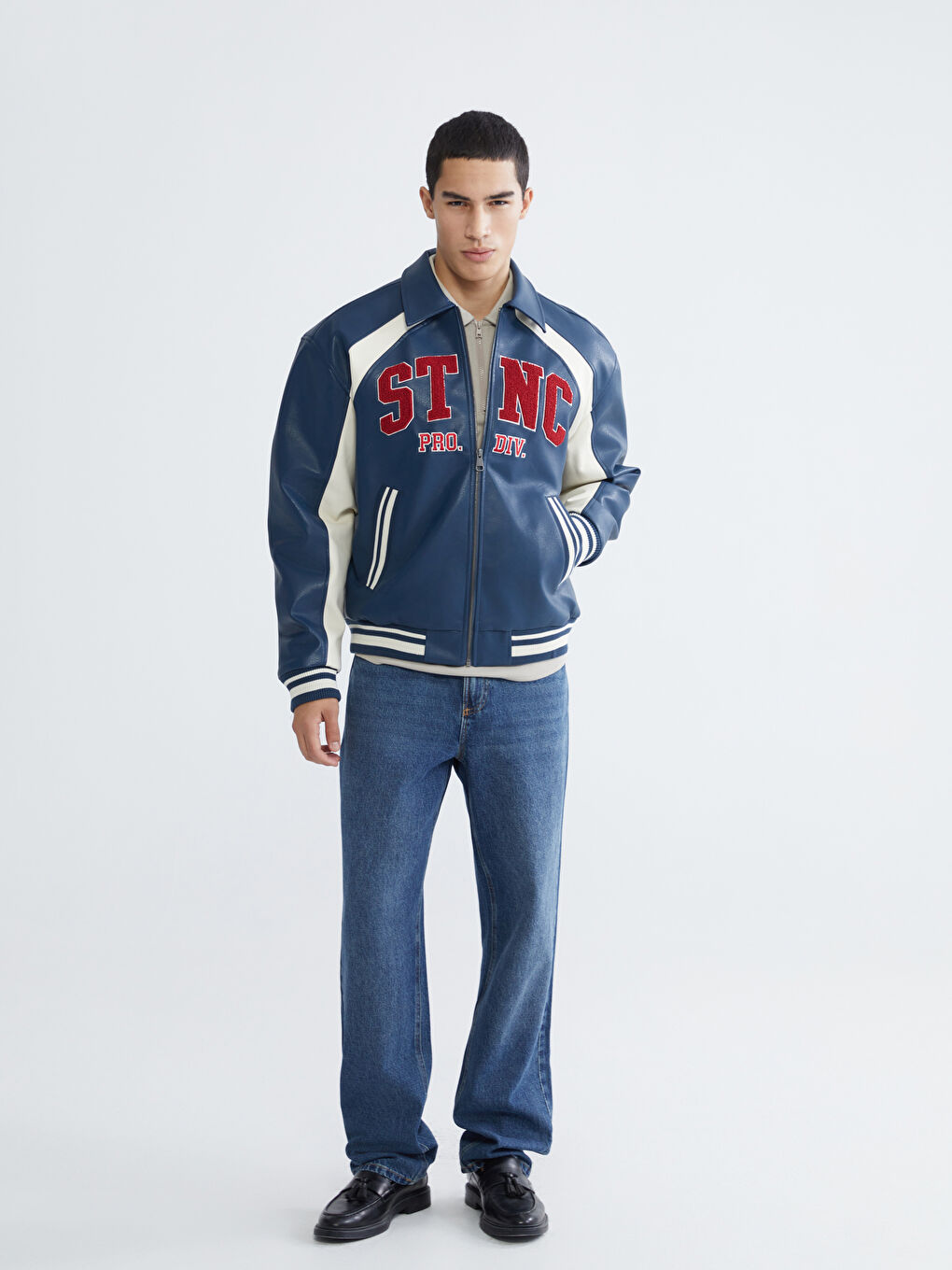 Lacivert Rahat Kalıp Nakışlı Erkek Deri Görünümlü Mont-1