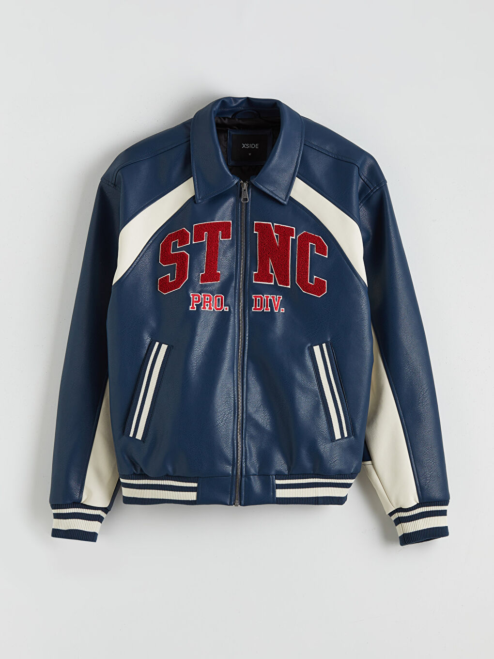 Lacivert Rahat Kalıp Nakışlı Erkek Deri Görünümlü Mont-5