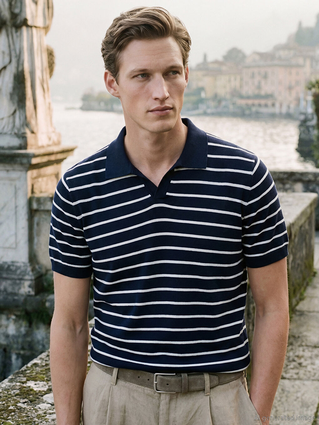 Lacivert Polo Yaka Çizgili Erkek Triko Kazak