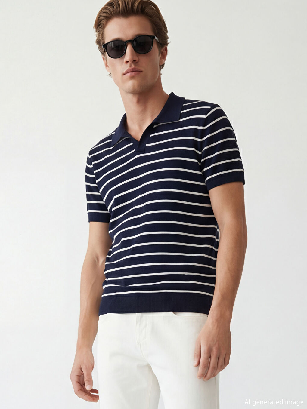 Lacivert Polo Yaka Çizgili Erkek Triko Kazak-2