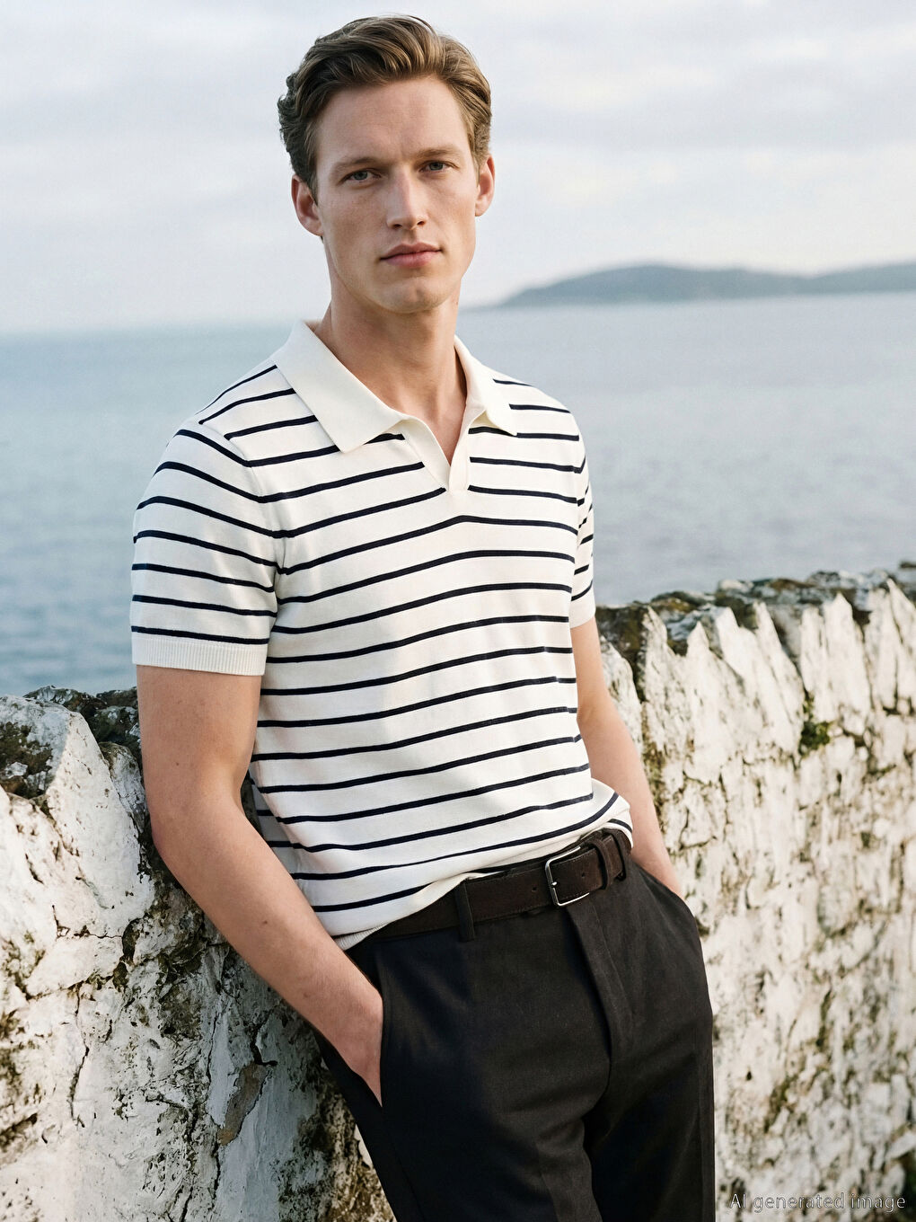 Ekru Polo Yaka Çizgili Erkek Triko Kazak