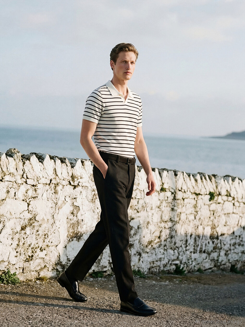 Ekru Polo Yaka Çizgili Erkek Triko Kazak-1