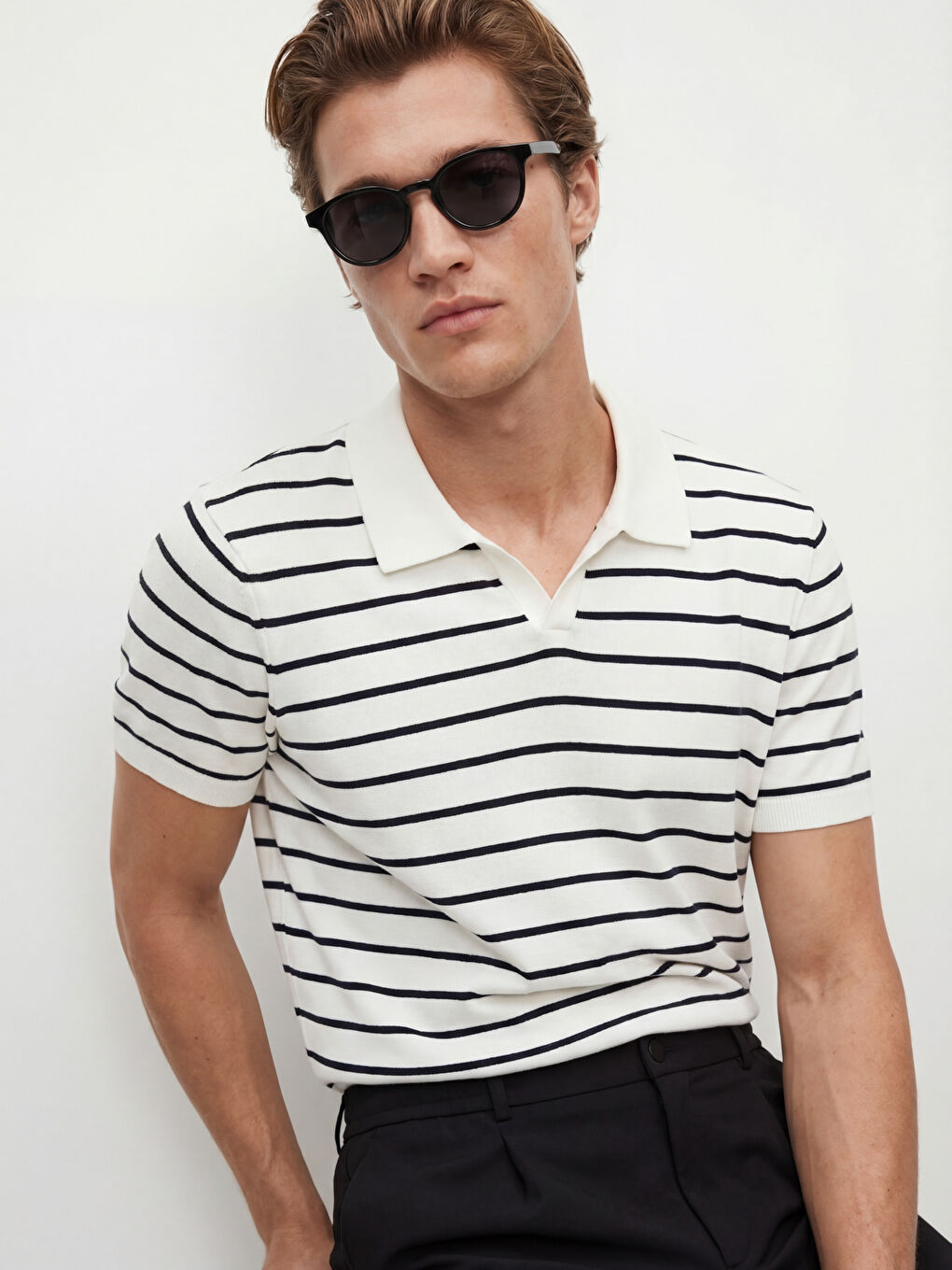 Ekru Polo Yaka Çizgili Erkek Triko Kazak-1