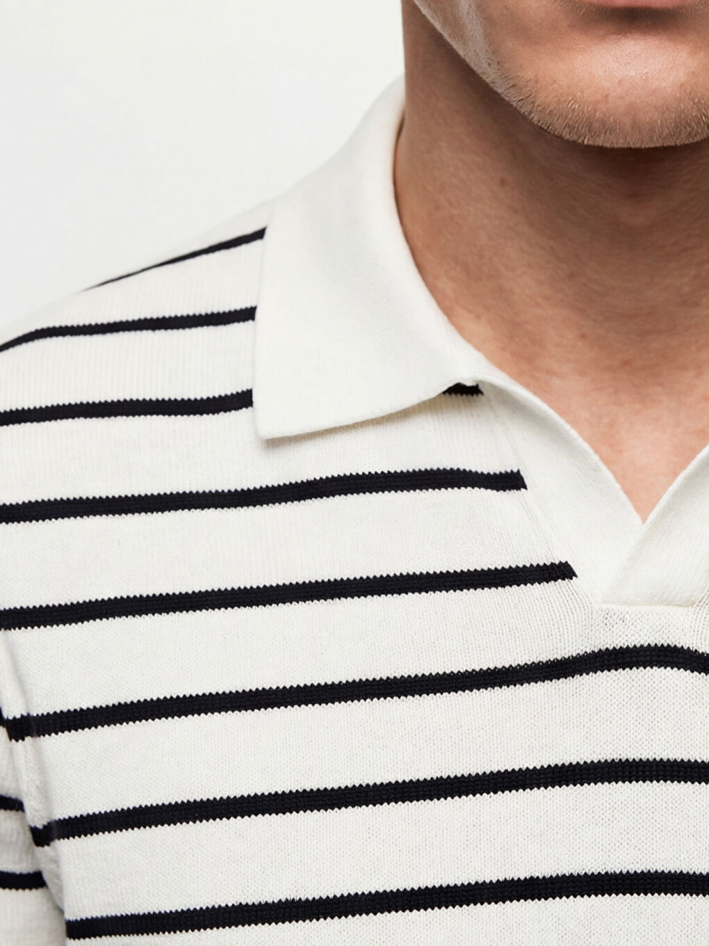Ekru Polo Yaka Çizgili Erkek Triko Kazak-2