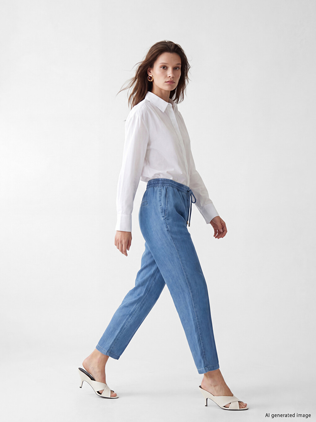 İndigo Beli Lastikli Mom Fit Kadın Jean Pantolon