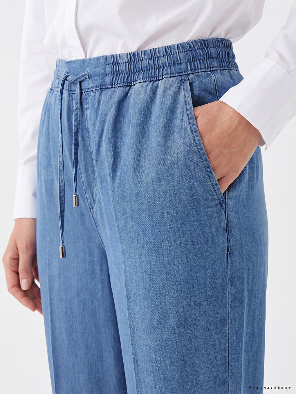 İndigo Beli Lastikli Mom Fit Kadın Jean Pantolon-2