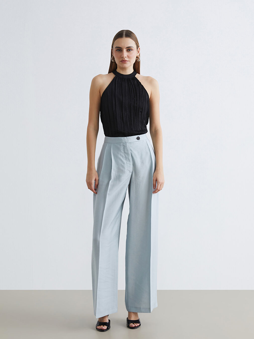 Mavi Yüksek Bel Geniş Paça Kadın Pantolon