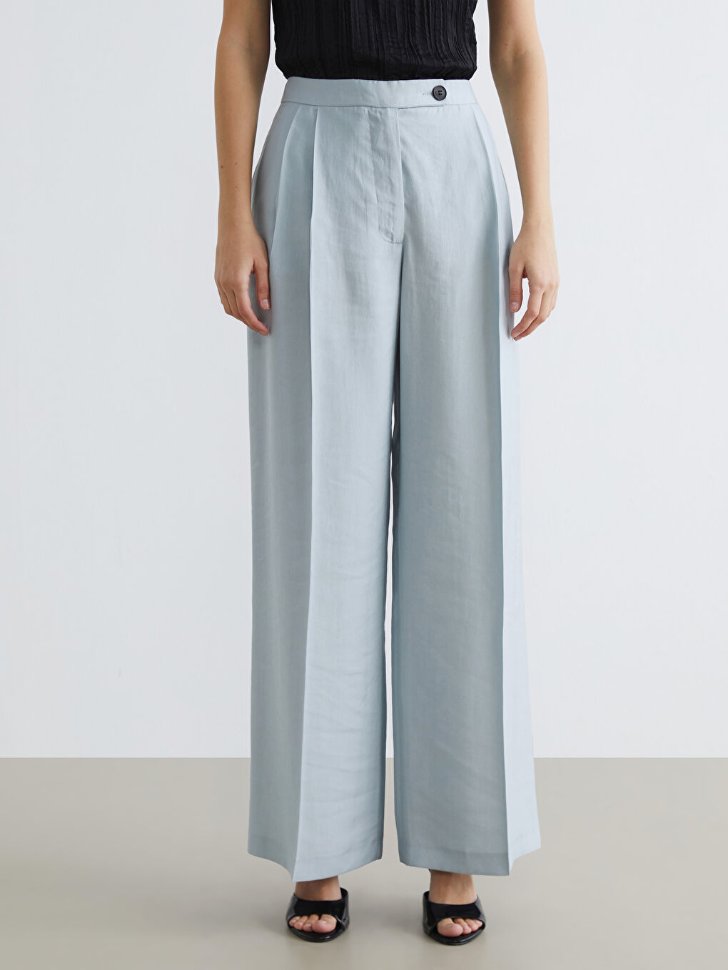 Mavi Yüksek Bel Geniş Paça Kadın Pantolon-1