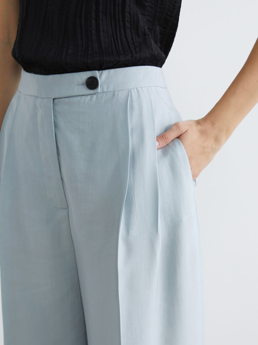 Mavi Yüksek Bel Geniş Paça Kadın Pantolon-2