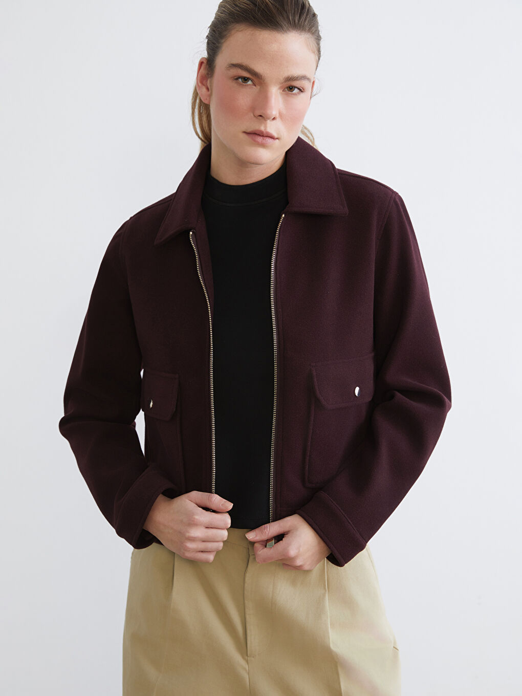 Mürdüm Gömlek Yaka Kadın Kaşe Ceket