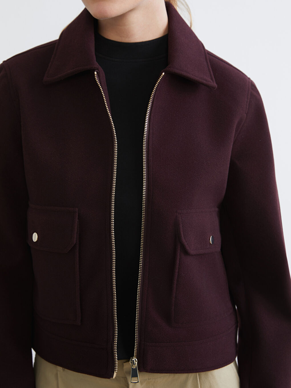 Mürdüm Gömlek Yaka Kadın Kaşe Ceket-2