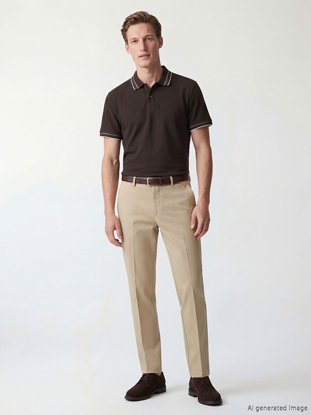 Kahverengi Polo Yaka Dokulu Erkek Tişört-1