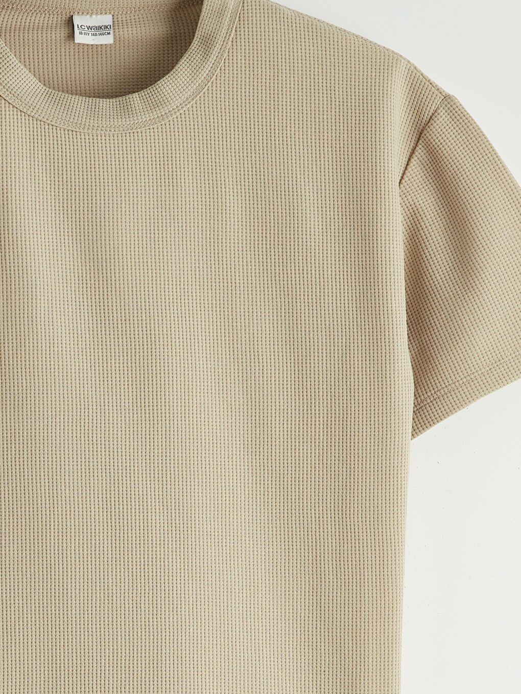 Bej Bisiklet Yaka Erkek Çocuk Dokulu Tişört-2