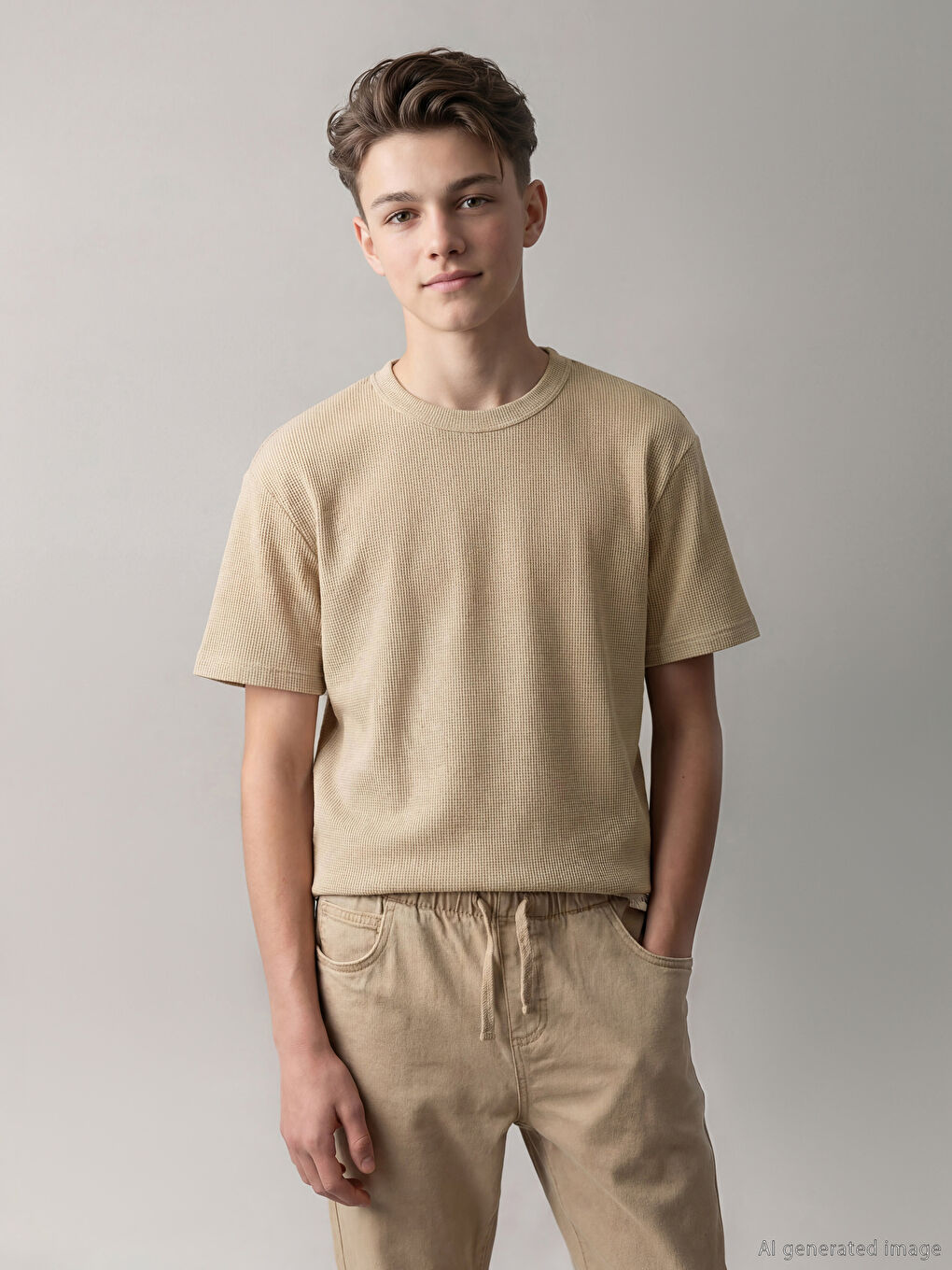 Bej Bisiklet Yaka Erkek Çocuk Dokulu Tişört