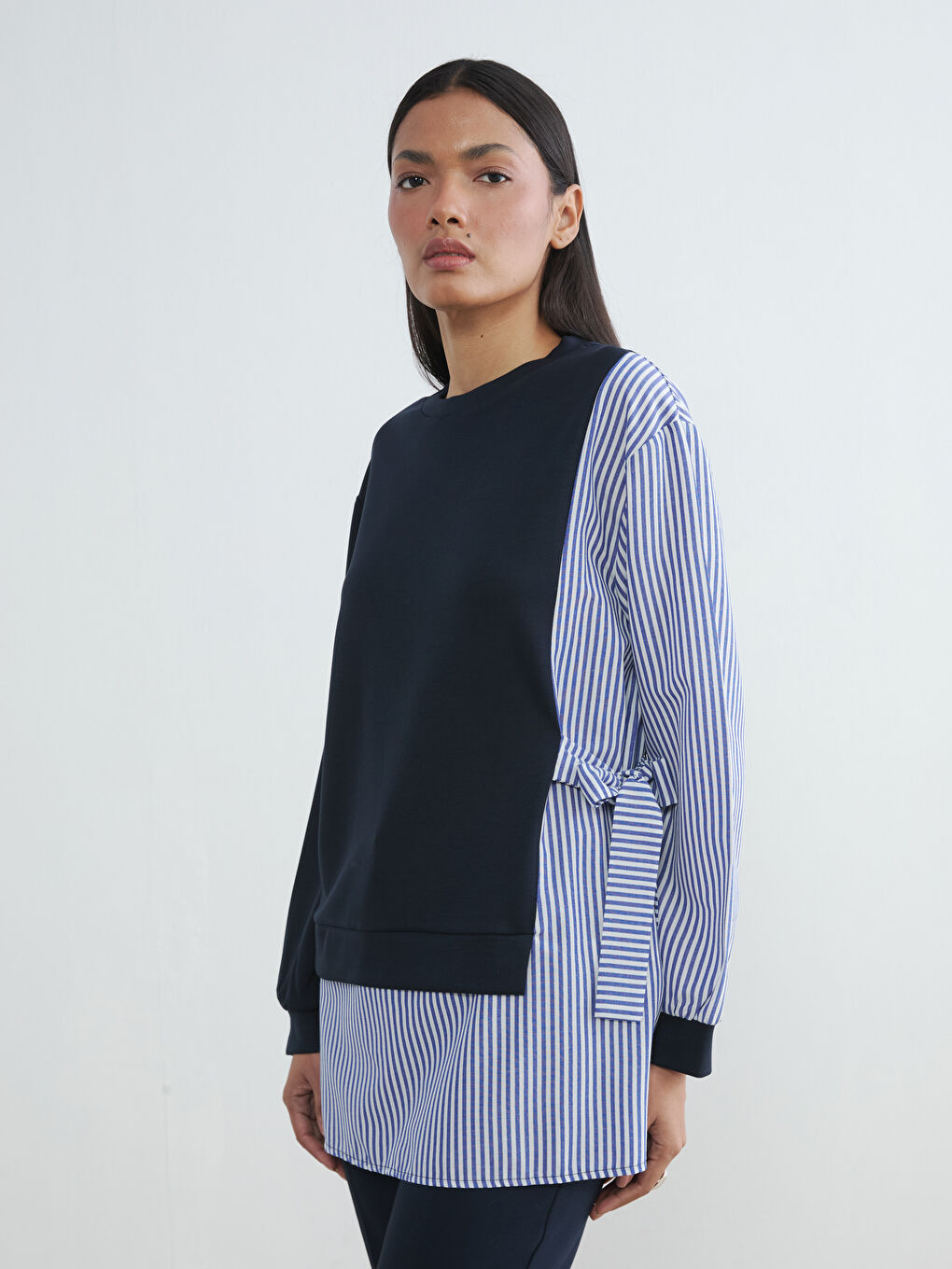 Lacivert Fiyonklu Çizgili Kadın Sweatshirt Tunik