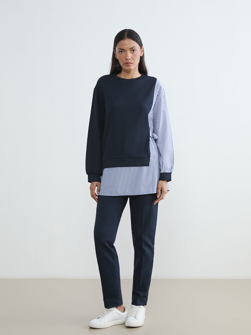 Lacivert Fiyonklu Çizgili Kadın Sweatshirt Tunik-1