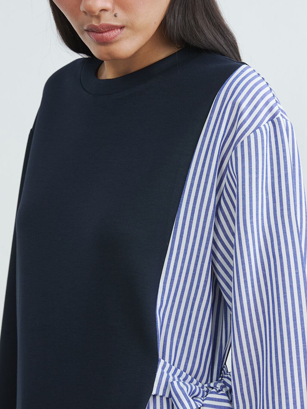 Lacivert Fiyonklu Çizgili Kadın Sweatshirt Tunik-2