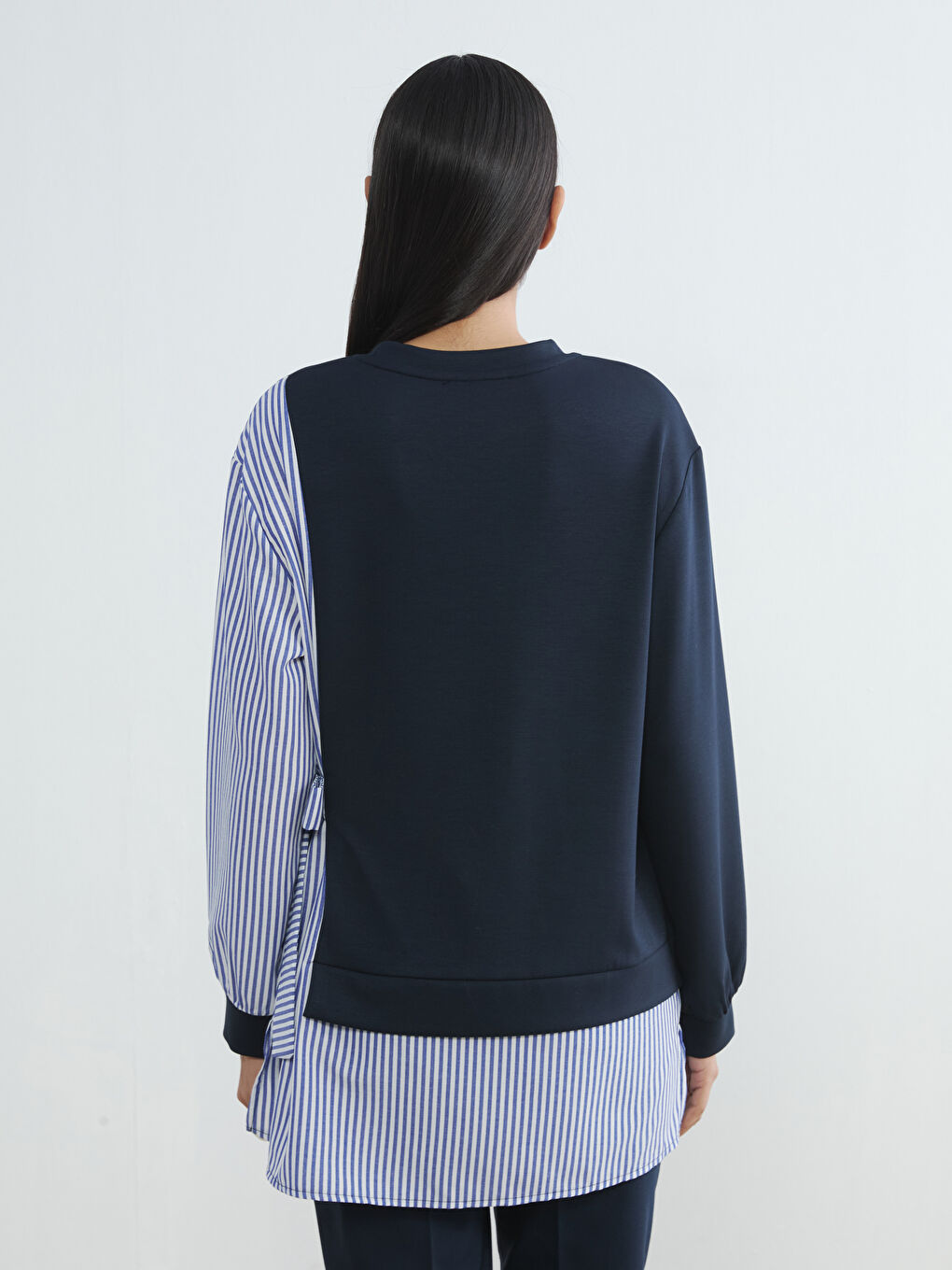 Lacivert Fiyonklu Çizgili Kadın Sweatshirt Tunik-3