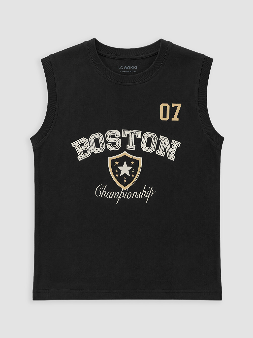 Siyah Bisiklet Yaka Boston Baskılı Erkek Çocuk Atlet