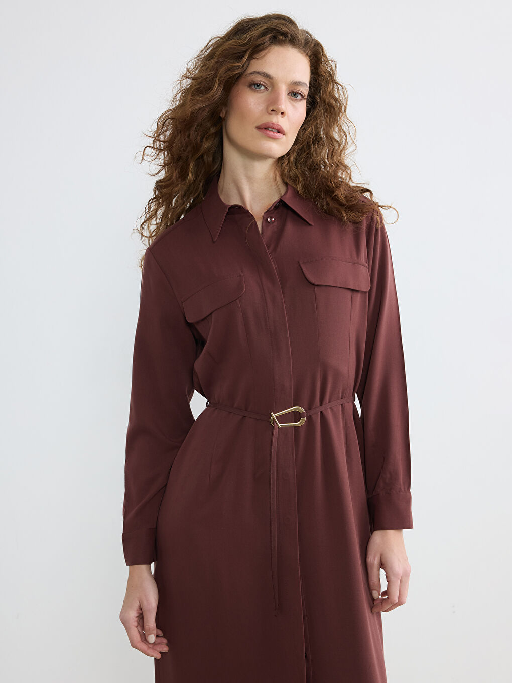 Kahverengi Kemerli Belden Oturtmalı Gömlek Elbise-2