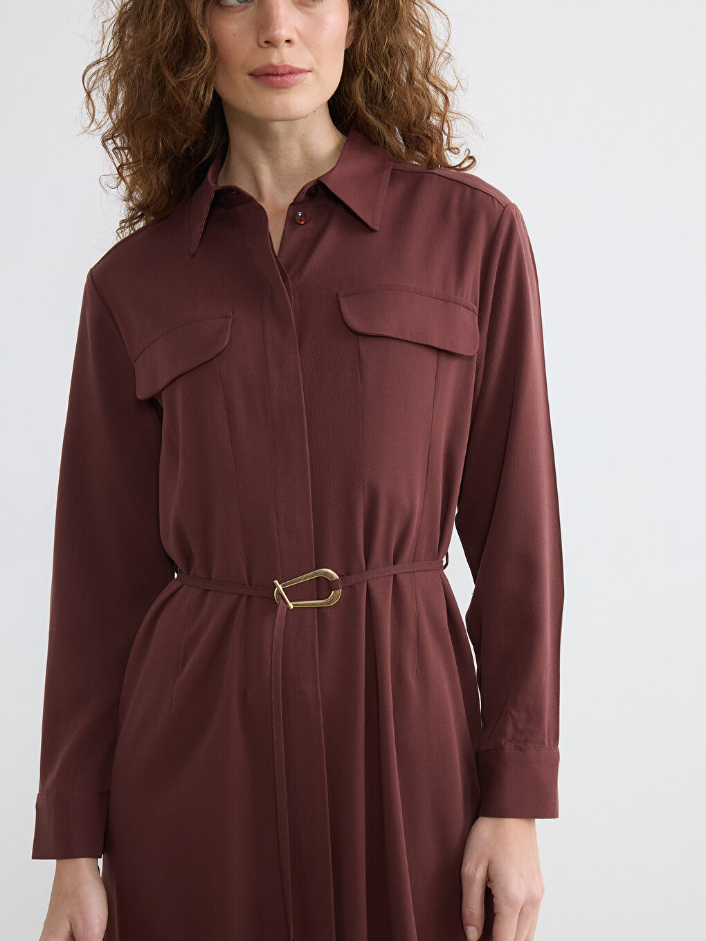 Kahverengi Kemerli Belden Oturtmalı Gömlek Elbise-3