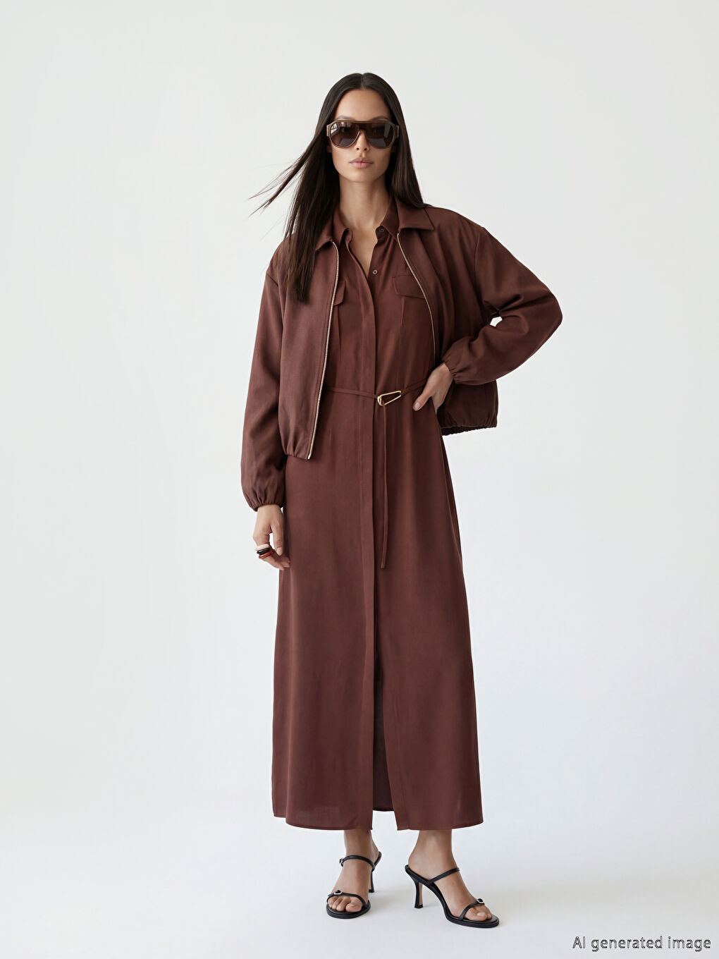 Kahverengi Kemerli Belden Oturtmalı Gömlek Elbise