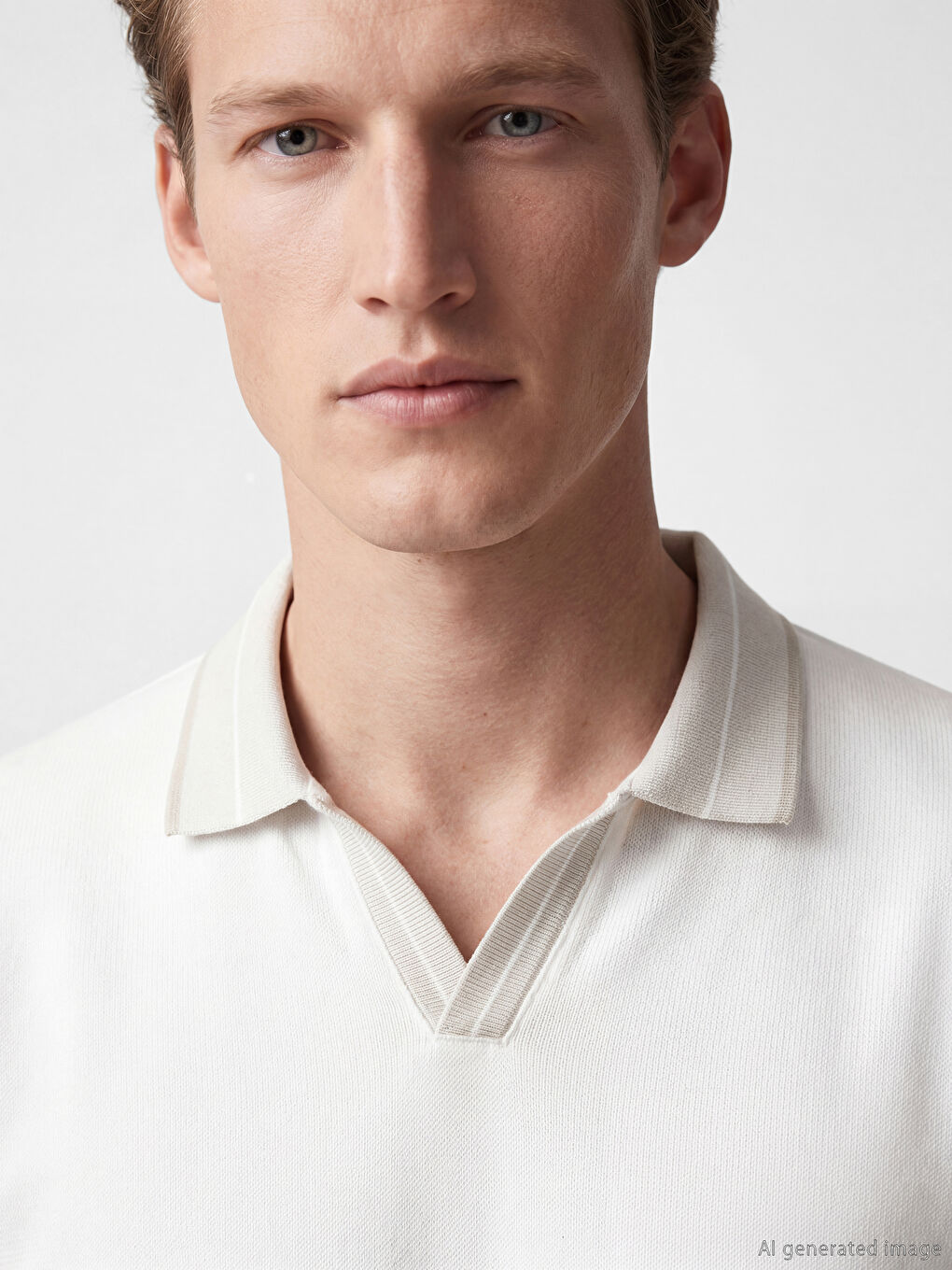 Beyaz  Polo Yaka Strüktürlü Erkek Tişört-2