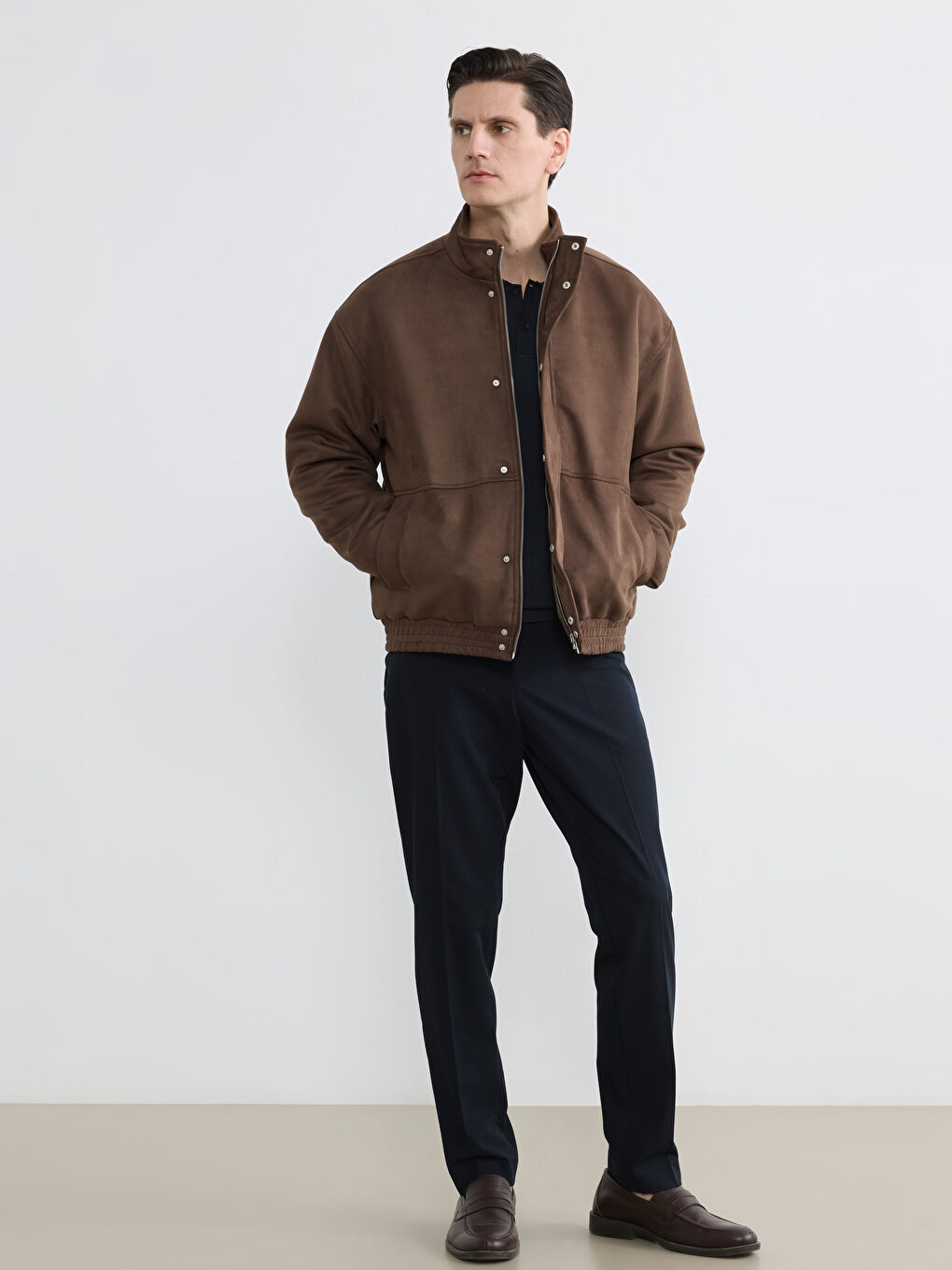 Kahverengi Standart Kalıp Dik Yaka Erkek Süet Mont-3