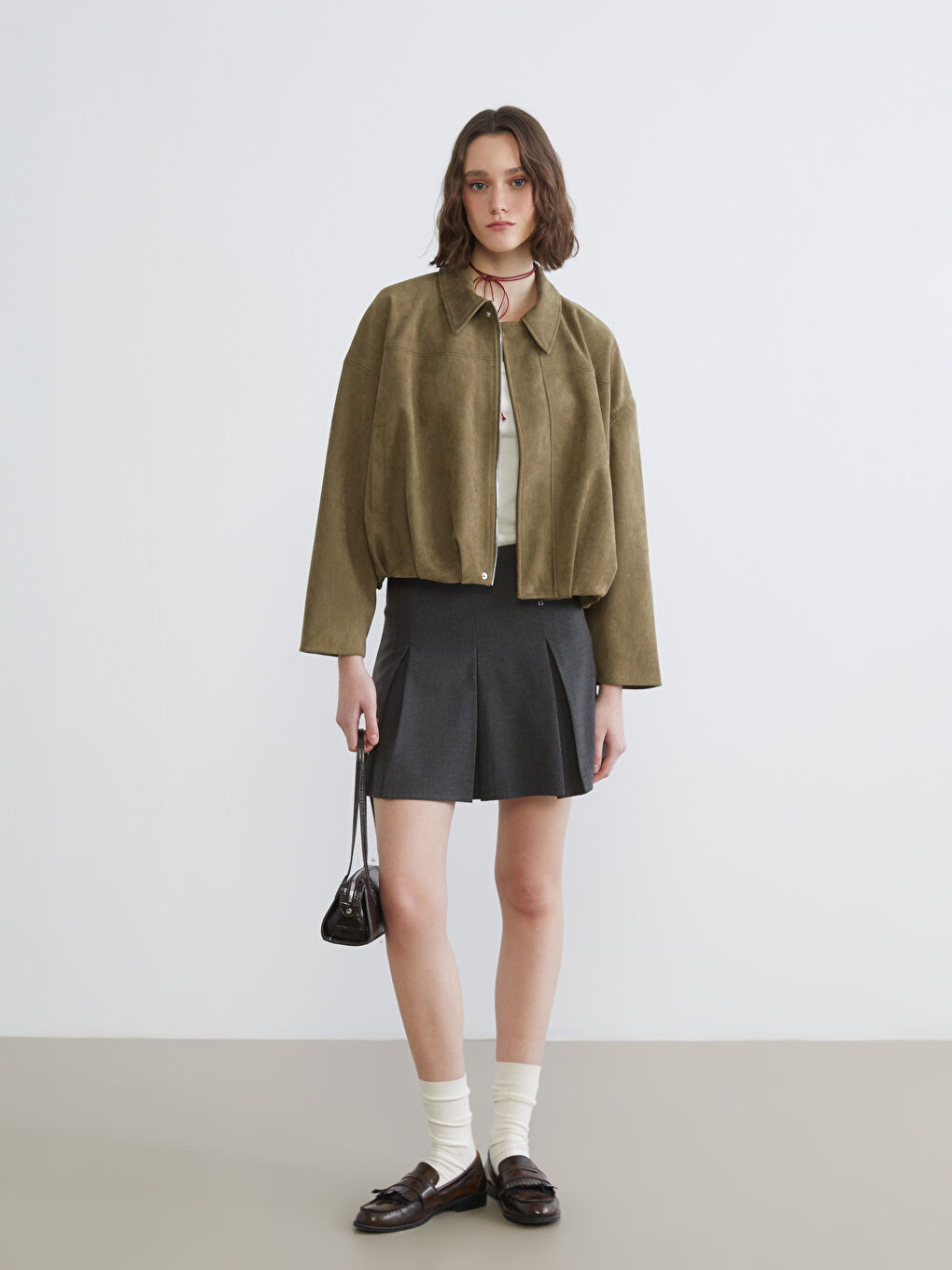 Haki Gömlek Yaka Süet Görünümlü Kadın Ceket-1
