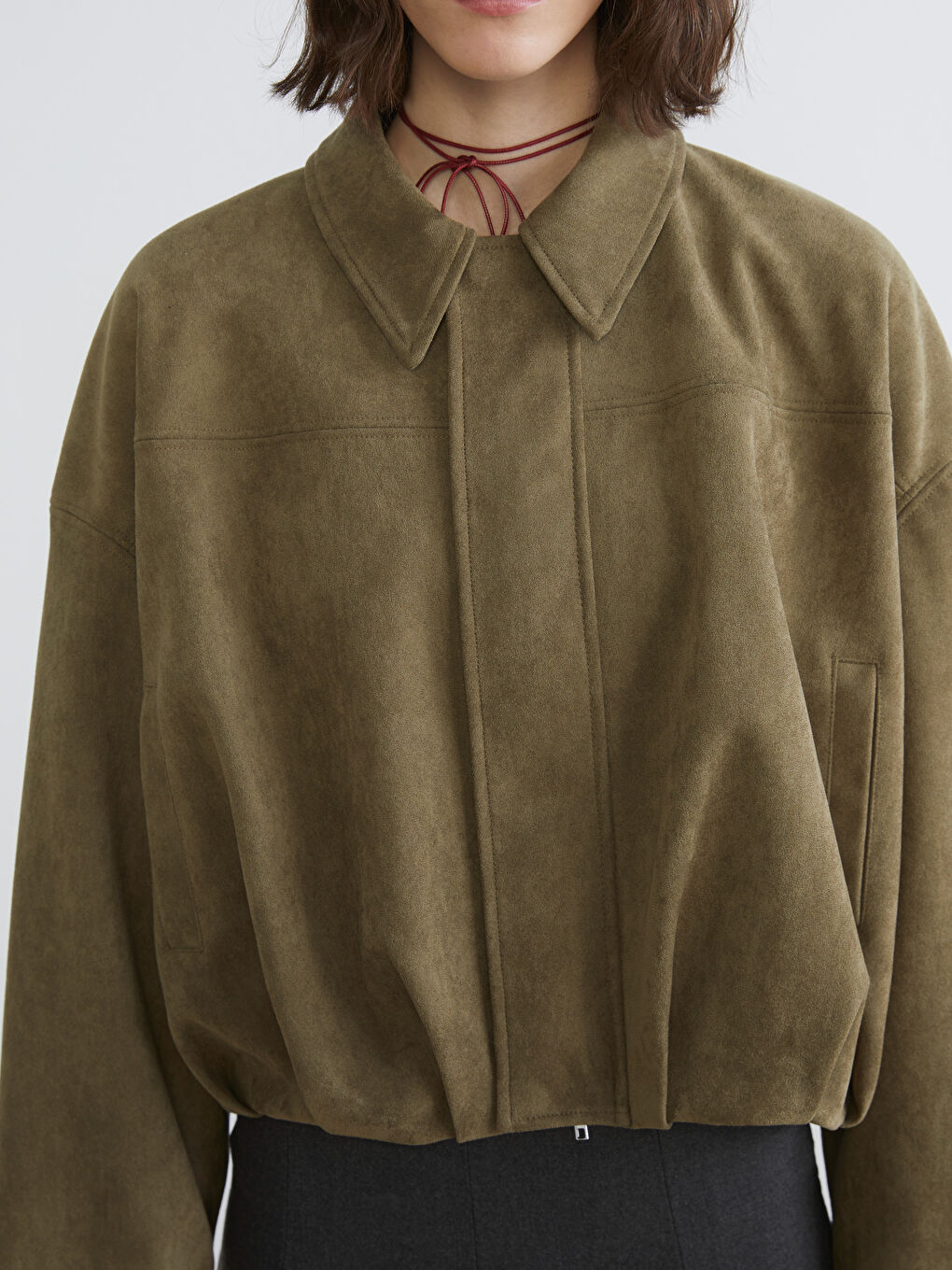 Haki Gömlek Yaka Süet Görünümlü Kadın Ceket-2