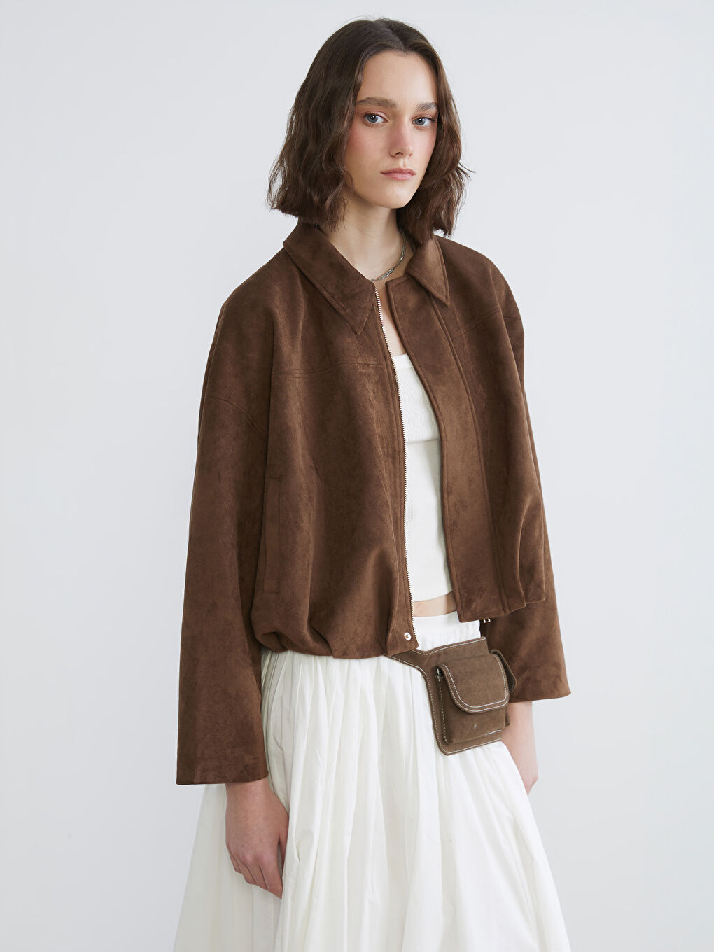 Kahverengi Gömlek Yaka Süet Görünümlü Kadın Ceket