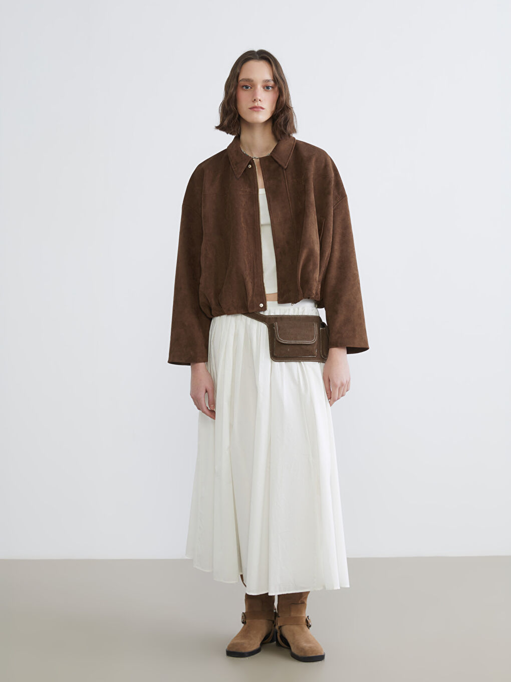 Kahverengi Gömlek Yaka Süet Görünümlü Kadın Ceket-1