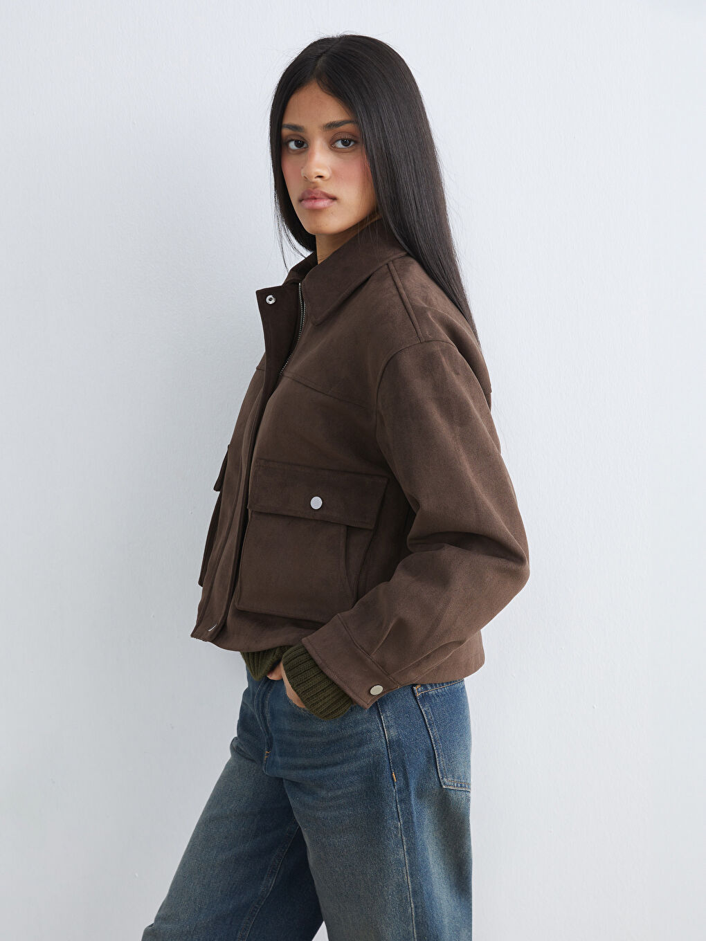 Kahverengi Gömlek Yaka Oversize Kadın Süet Görünümlü Ceket