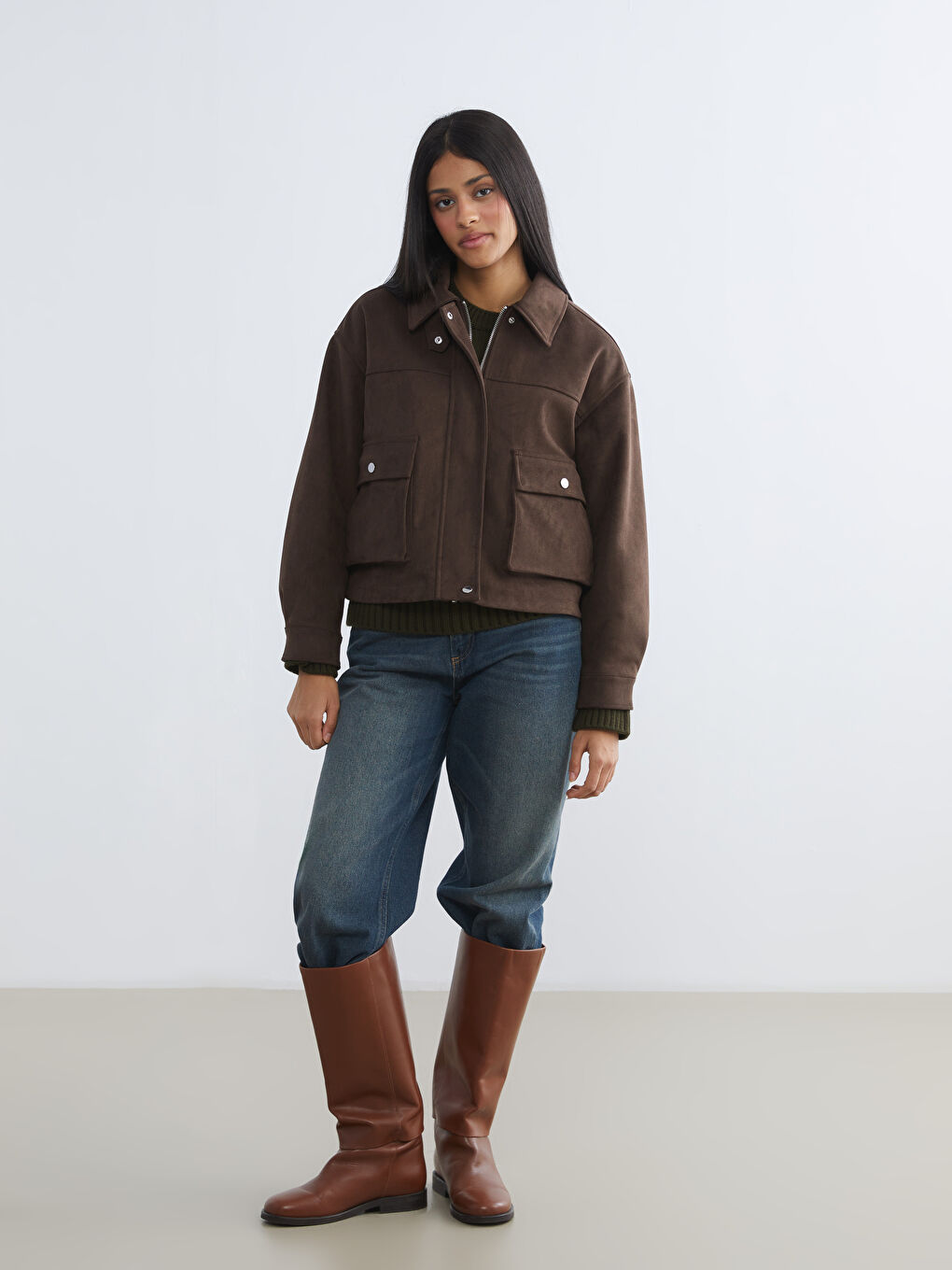 Kahverengi Gömlek Yaka Oversize Kadın Süet Görünümlü Ceket-1