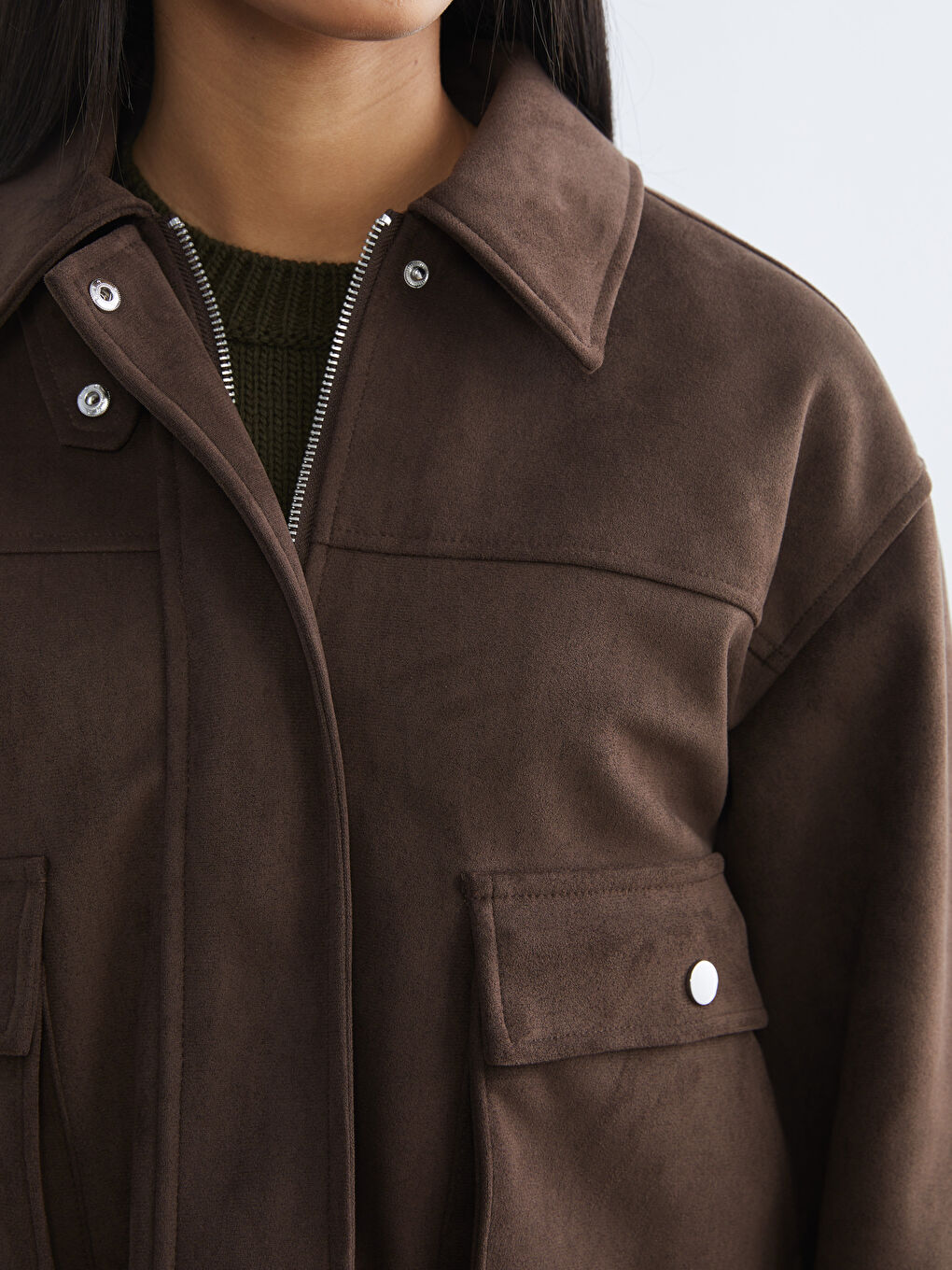 Kahverengi Gömlek Yaka Oversize Kadın Süet Görünümlü Ceket-2