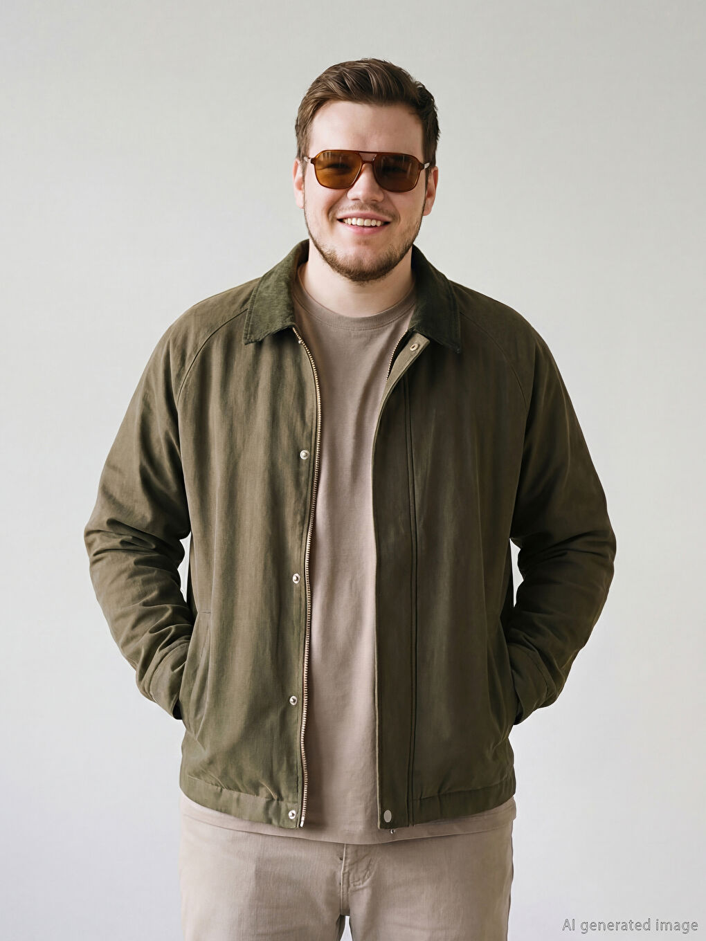 Haki Standart Kalıp Kadife Yaka Erkek Mont