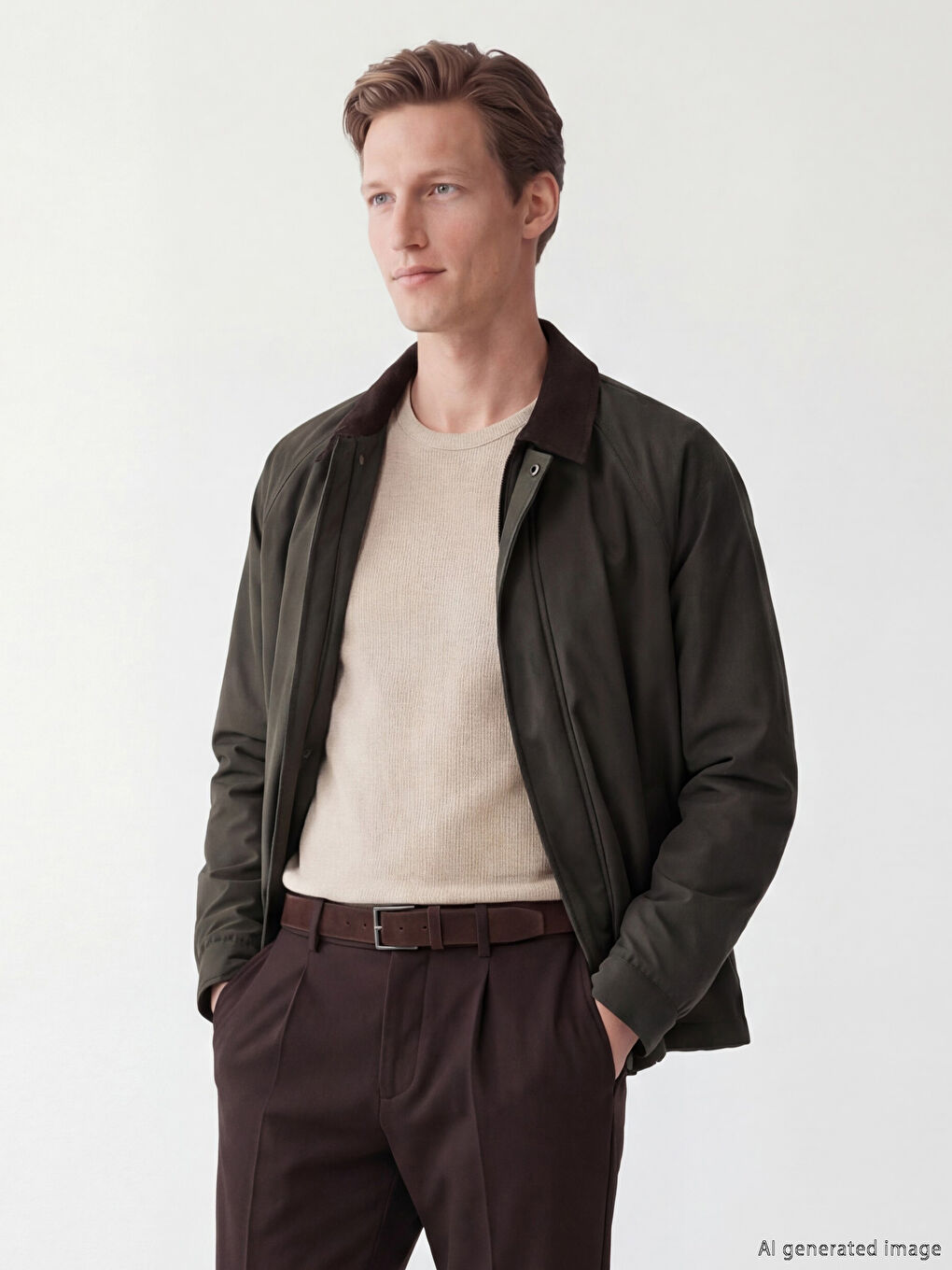 Haki Standart Kalıp Kadife Yaka Erkek Mont