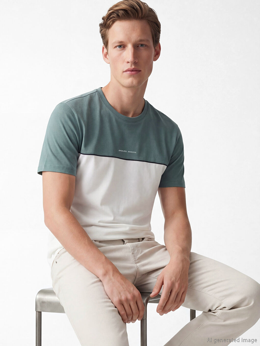 Bisiklet Yaka Renk Bloklu Penye Erkek Tişört