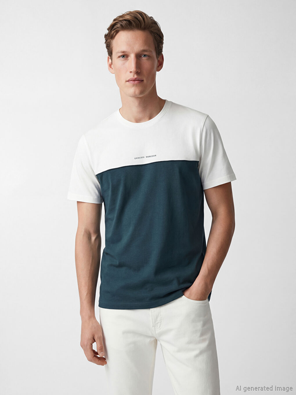 Bisiklet Yaka Renk Bloklu Penye Erkek Tişört