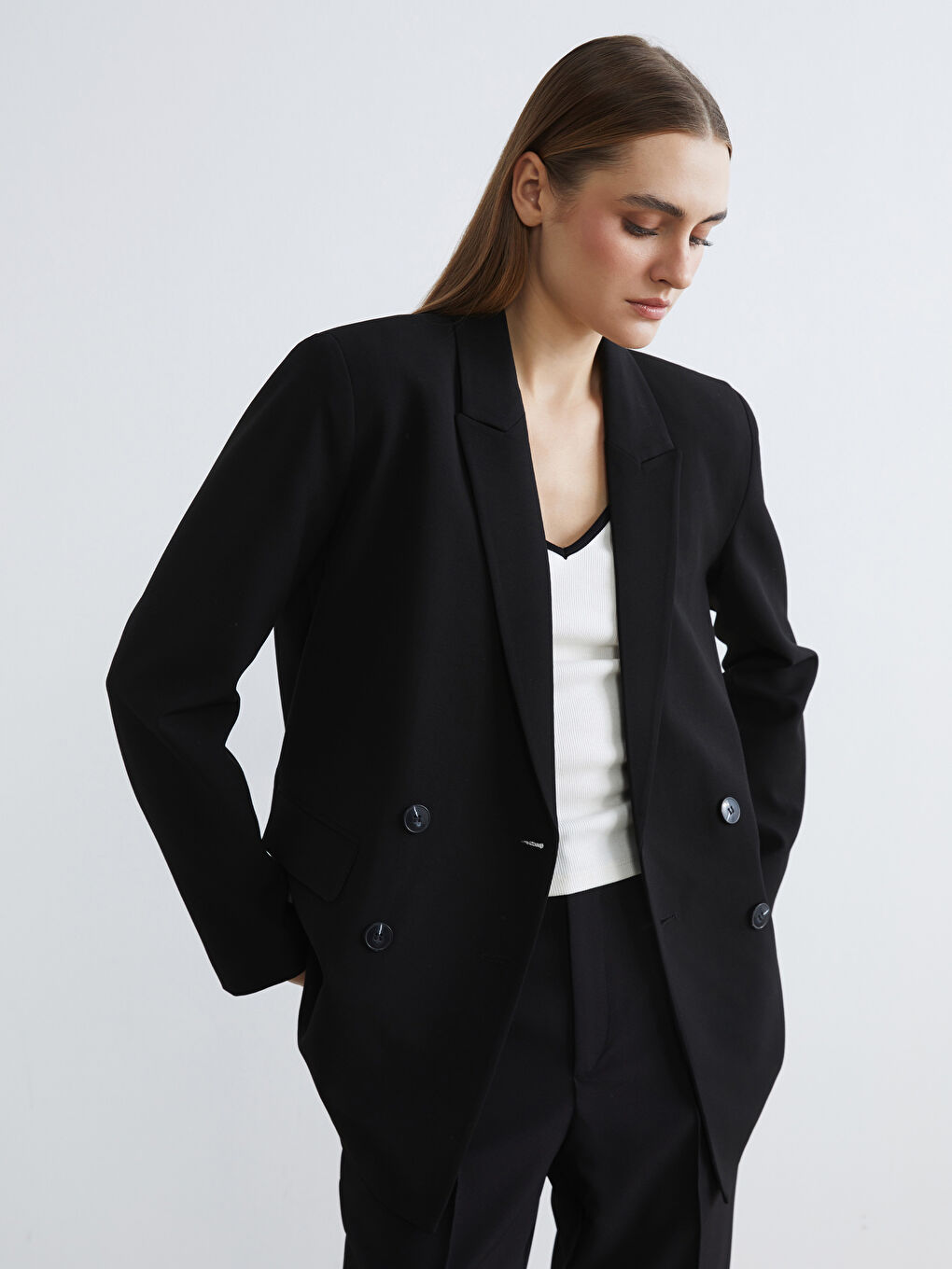 Siyah Kruvaze Yaka Kadın Blazer Ceket	