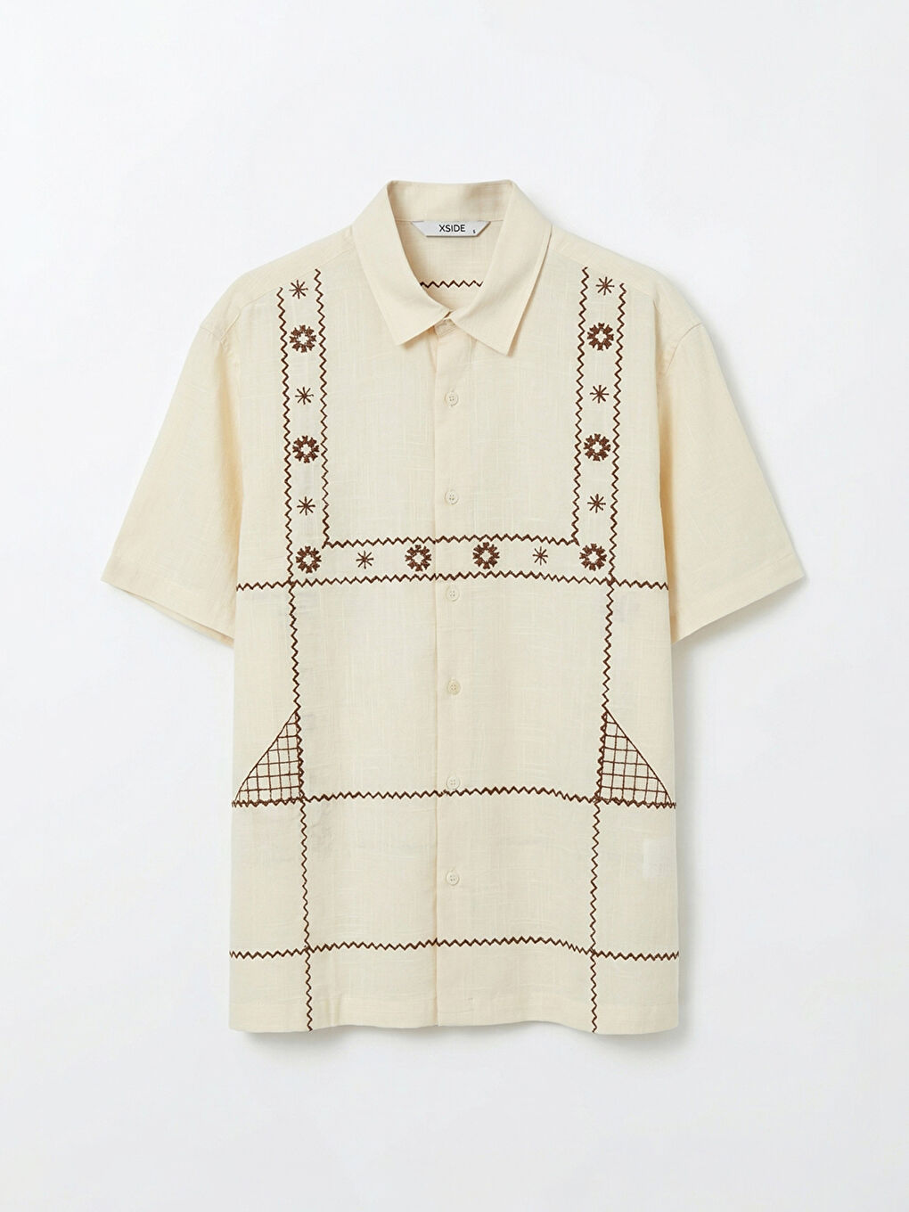 Bej Loose Fit Nakışlı Erkek Gömlek-4