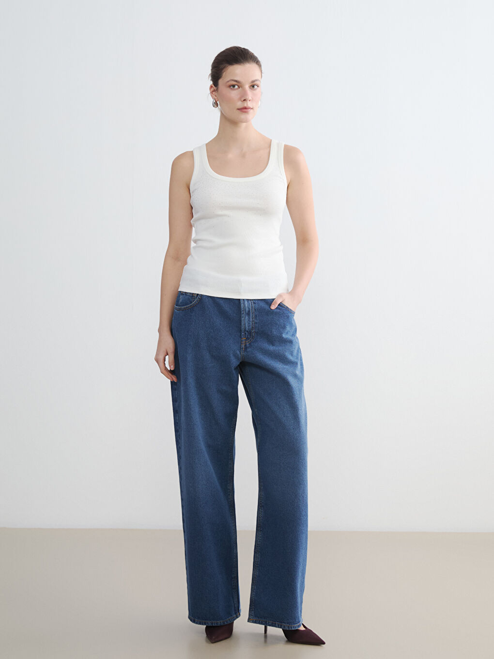 İndigo Yüksek Bel Baggy Fit Kadın Jean Pantolon