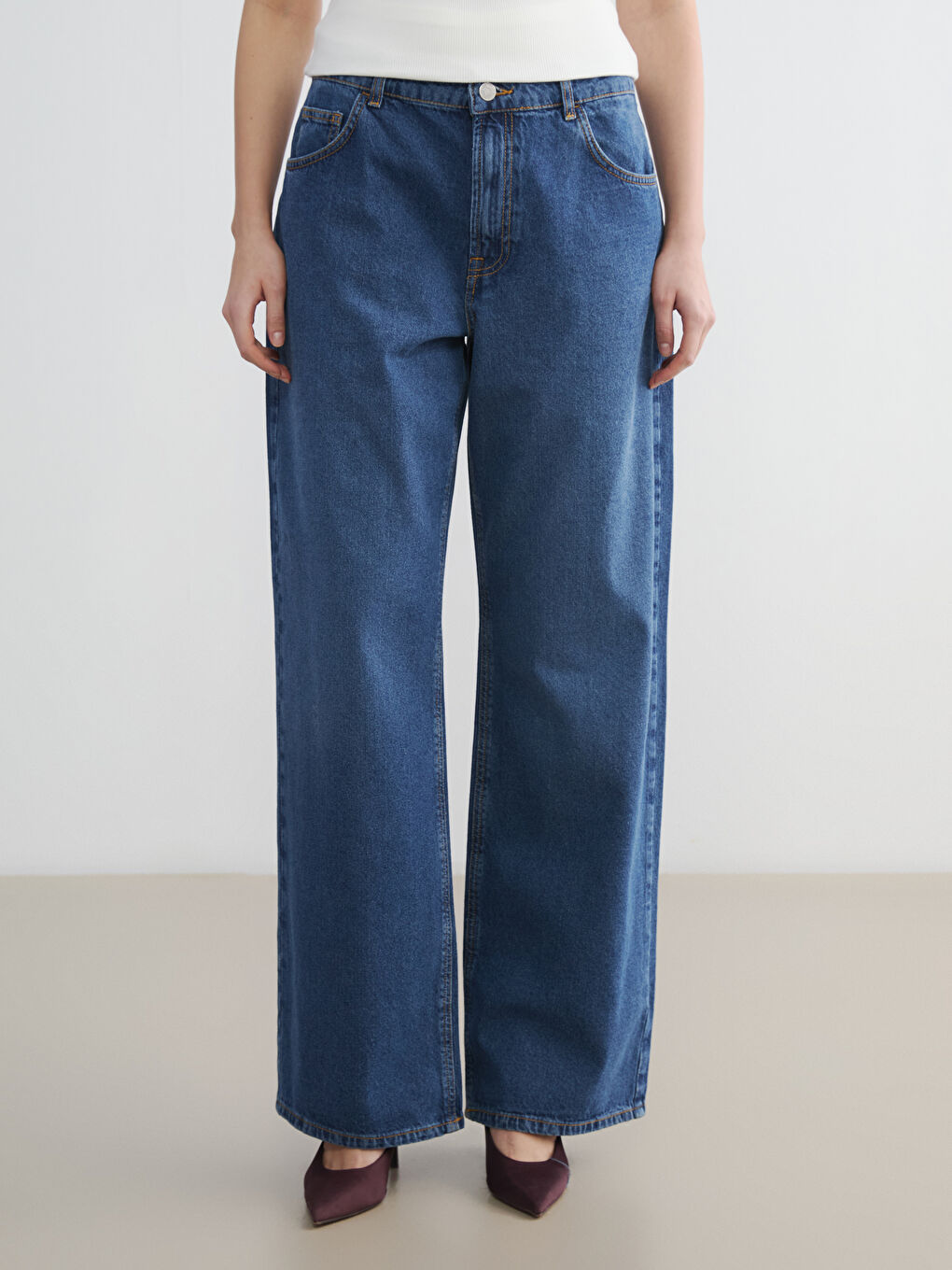 İndigo Yüksek Bel Baggy Fit Kadın Jean Pantolon-1