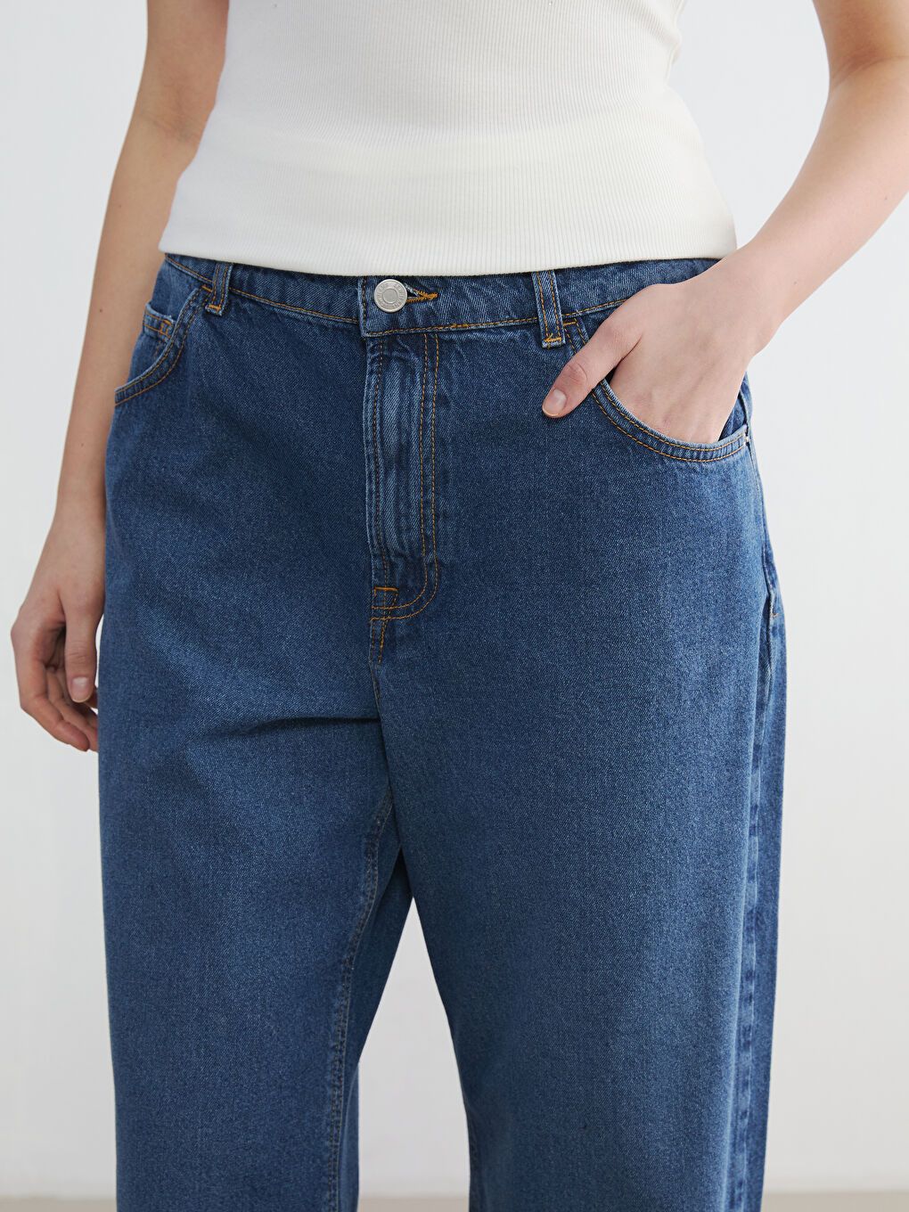 İndigo Yüksek Bel Baggy Fit Kadın Jean Pantolon-2