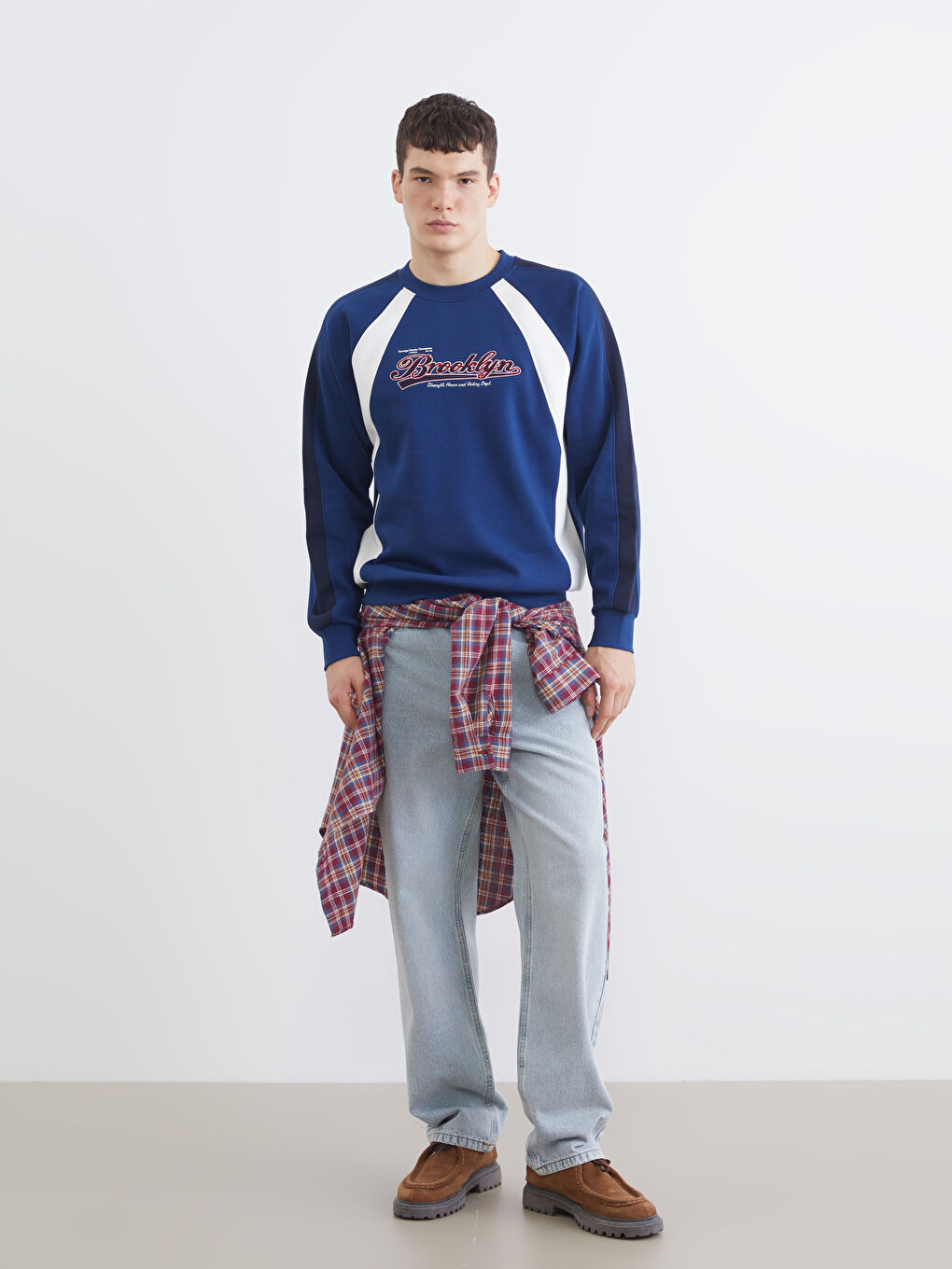 Lacivert Bisiklet Yaka Baskılı Erkek Kalın Sweatshirt-1