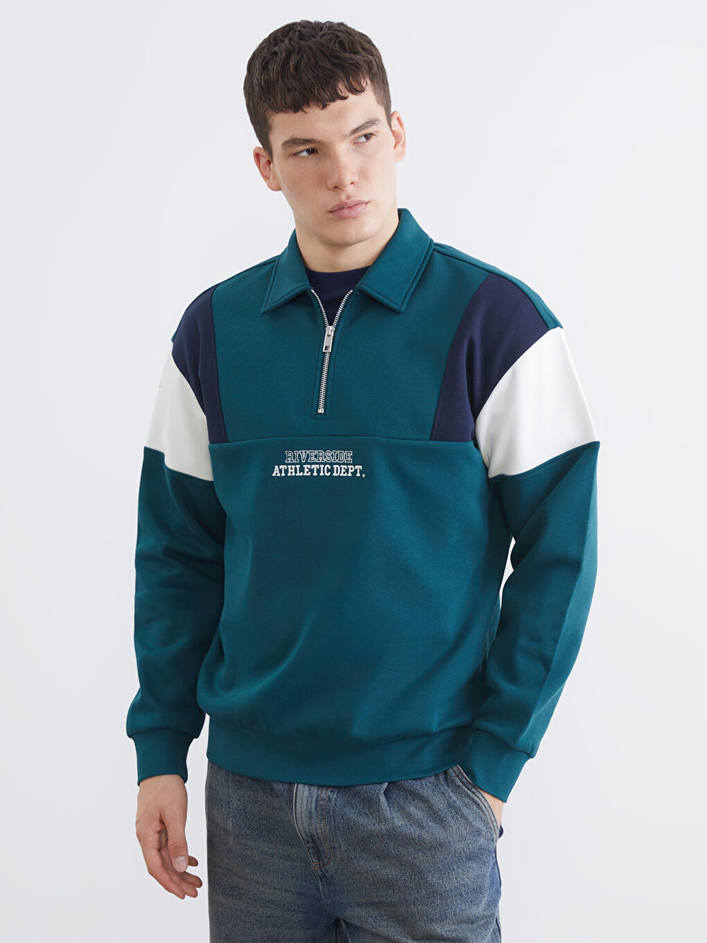 Petrol Polo Yaka Baskılı Erkek Sweatshirt