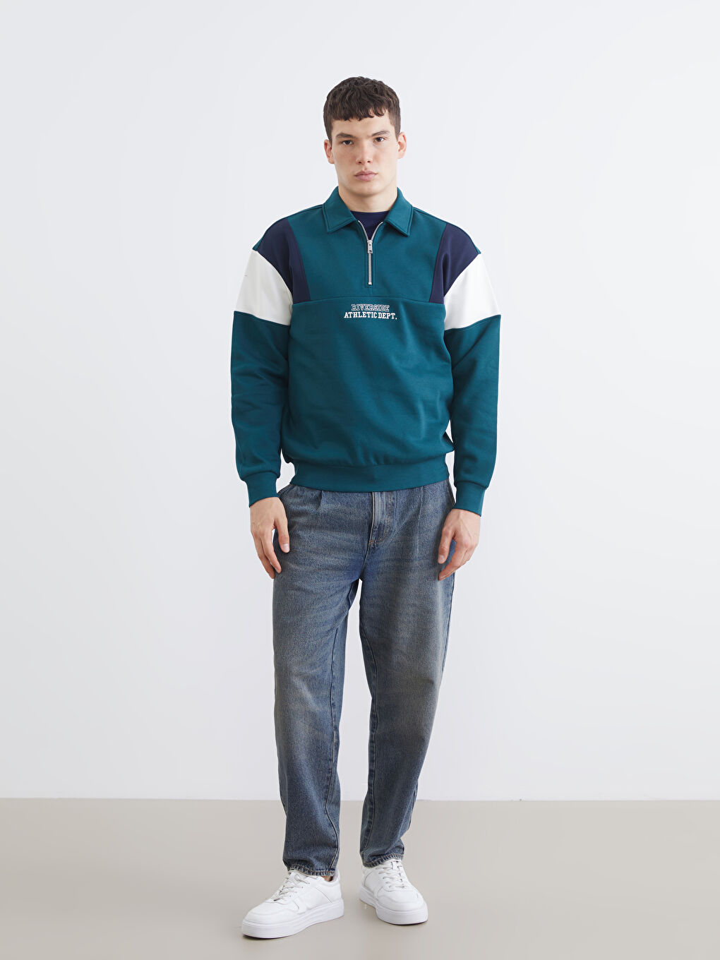 Petrol Polo Yaka Baskılı Erkek Sweatshirt-1