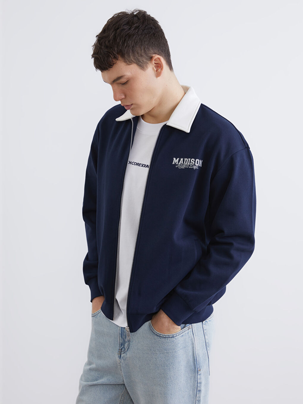 Lacivert Rahat Kalıp Erkek Fermuarlı Sweatshirt