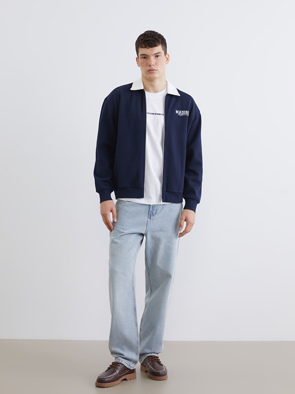 Lacivert Rahat Kalıp Erkek Fermuarlı Sweatshirt-1