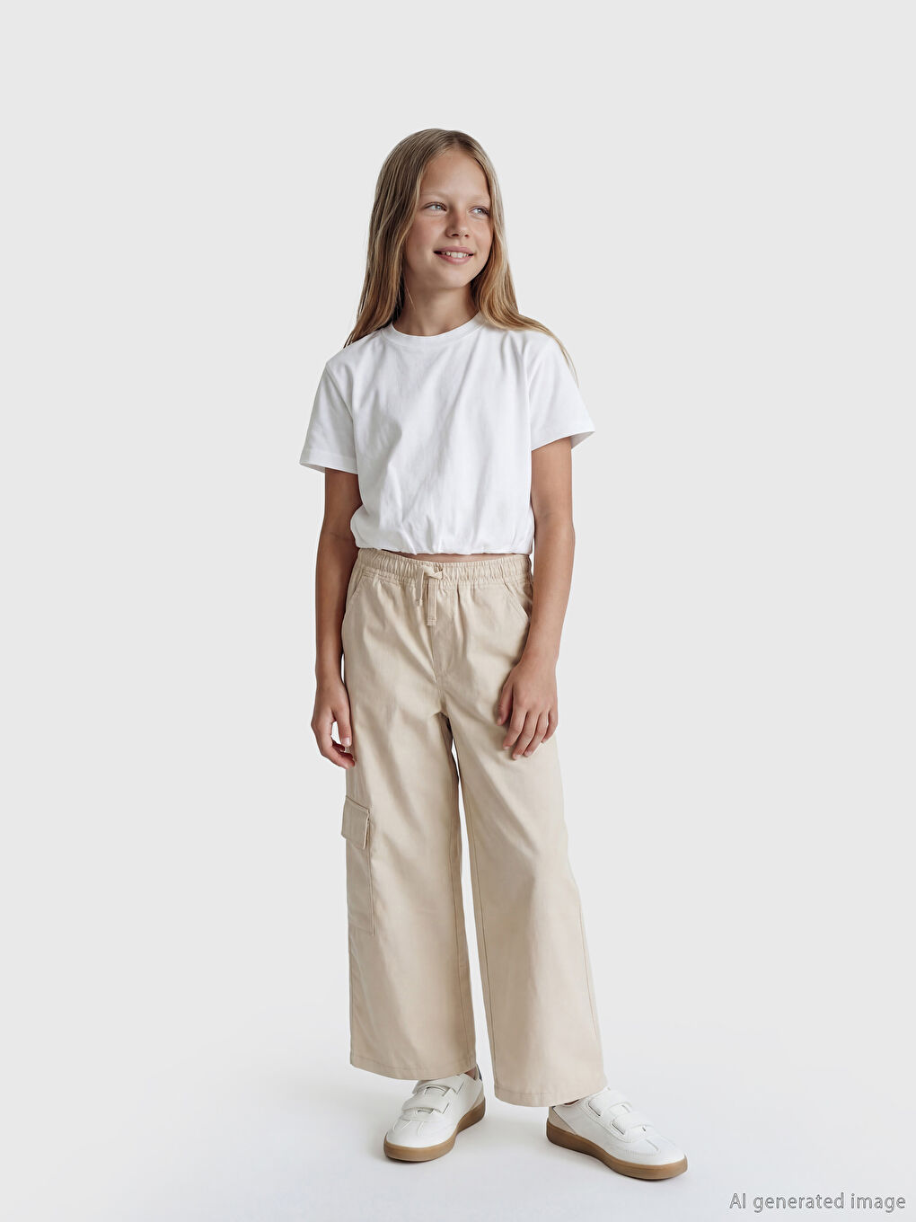 Bej Beli Lastikli Kız Çocuk Kargo Pantolon
